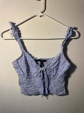 Forever 21 Blue Ditsy Floral Smocked Crop Top with Ruffle Straps